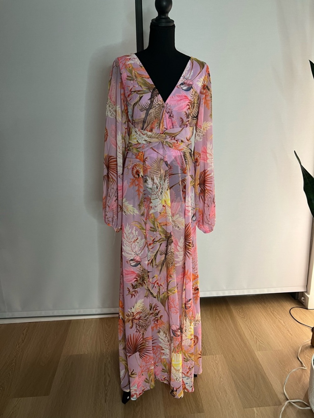 Luxxel Pink Tropical Print Maxi Wrap Dress